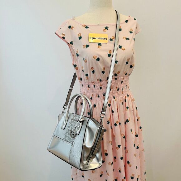 Michael Kors Purse Avril Small Leather Satchel Crossbody Bag Silver - Picture 11 of 11